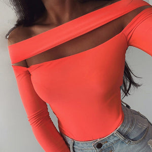 Fluorescent Strapless Women Summer Sexy One-shoulder Long Sleeve Bodysuit Casual Rompers Solid Color Slim Overalls SJ2425U